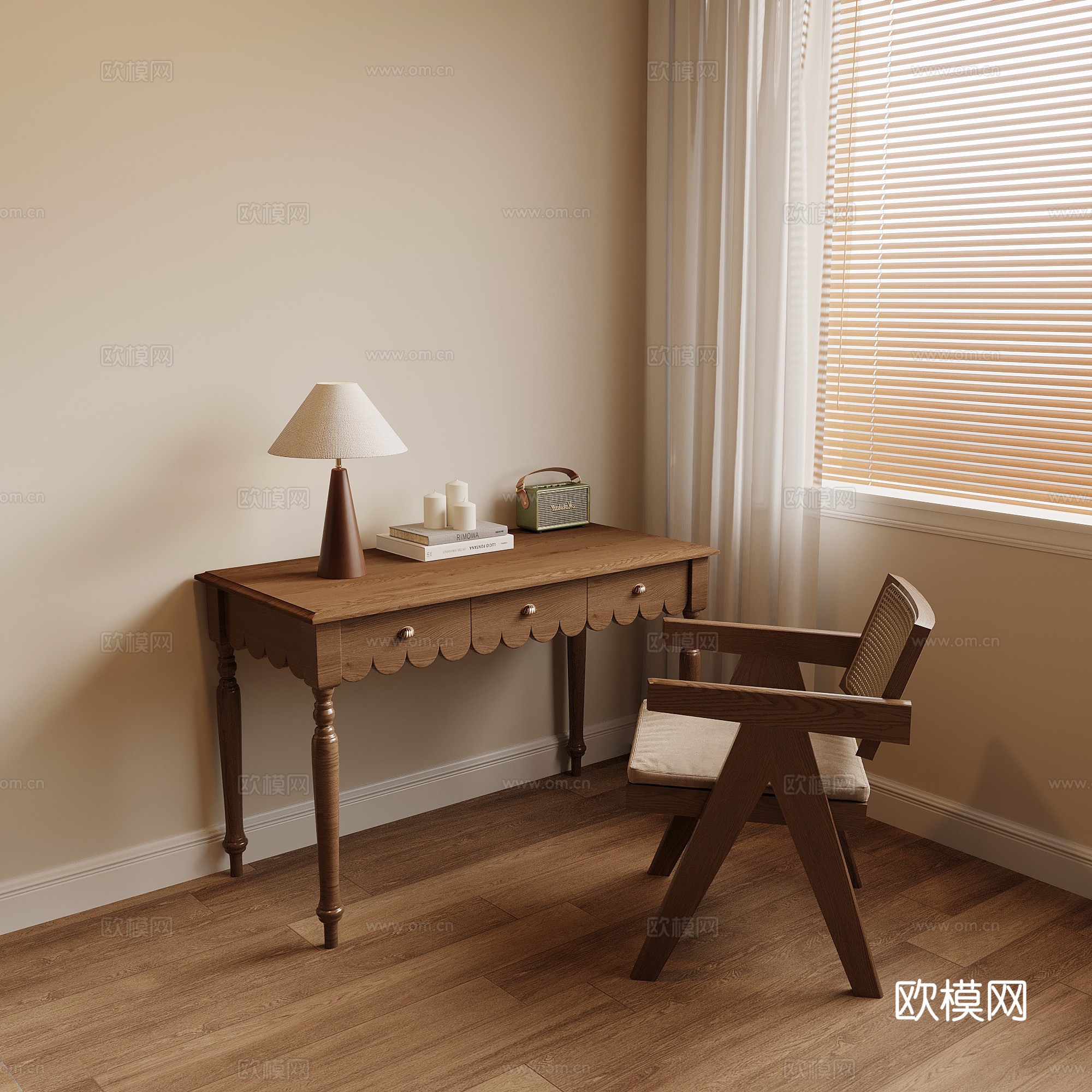 中古风书桌椅 学习桌椅su模型