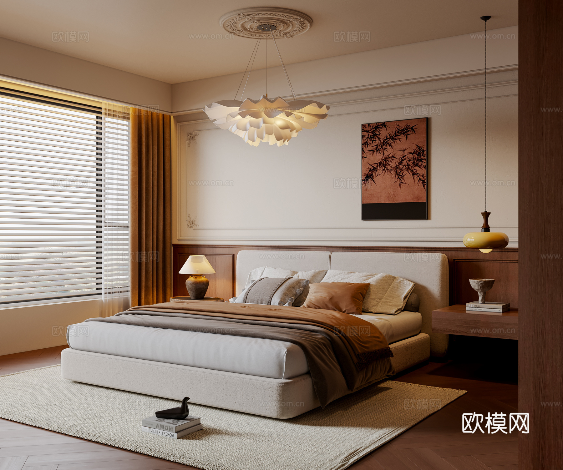 法式中古风卧室 布艺双人床 床头柜 吊灯挂画 地毯su模型