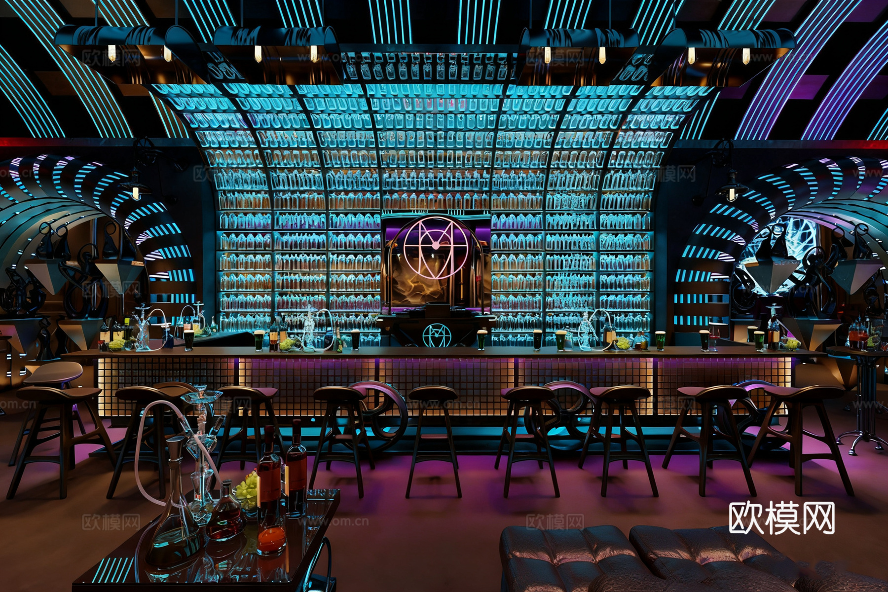 赛博朋克酒吧 夜店 霓虹灯吧台 工业风酒吧全案su模型