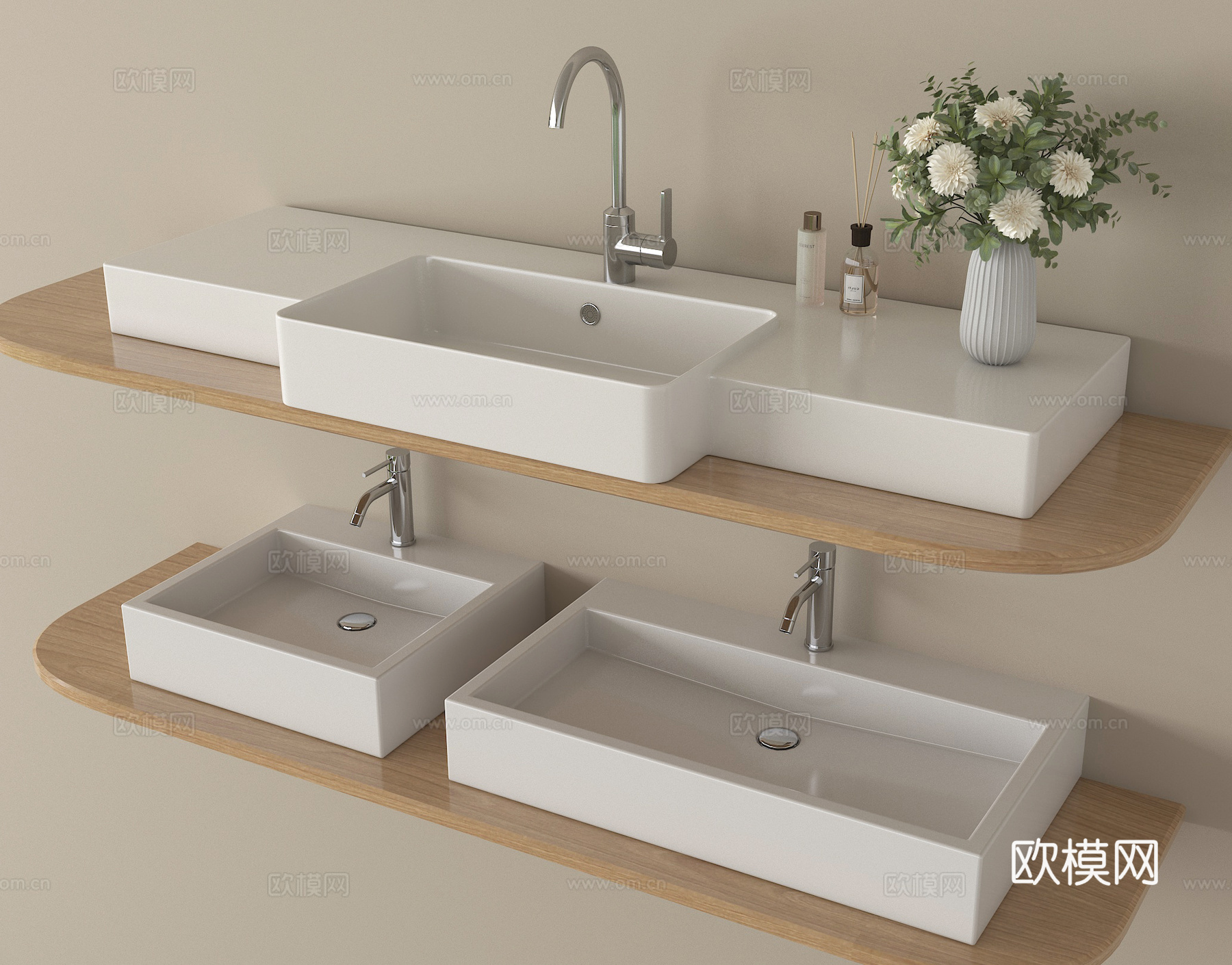 现代洗手台 洗手盆一体盆 台上盆 水龙头su模型