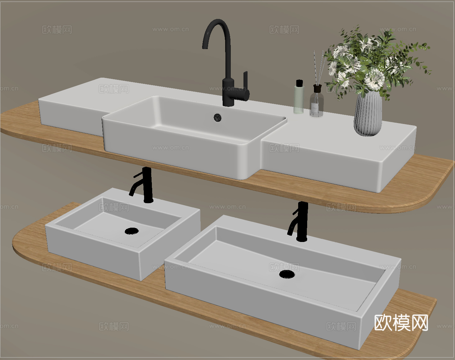 现代洗手台 洗手盆一体盆 台上盆 水龙头su模型