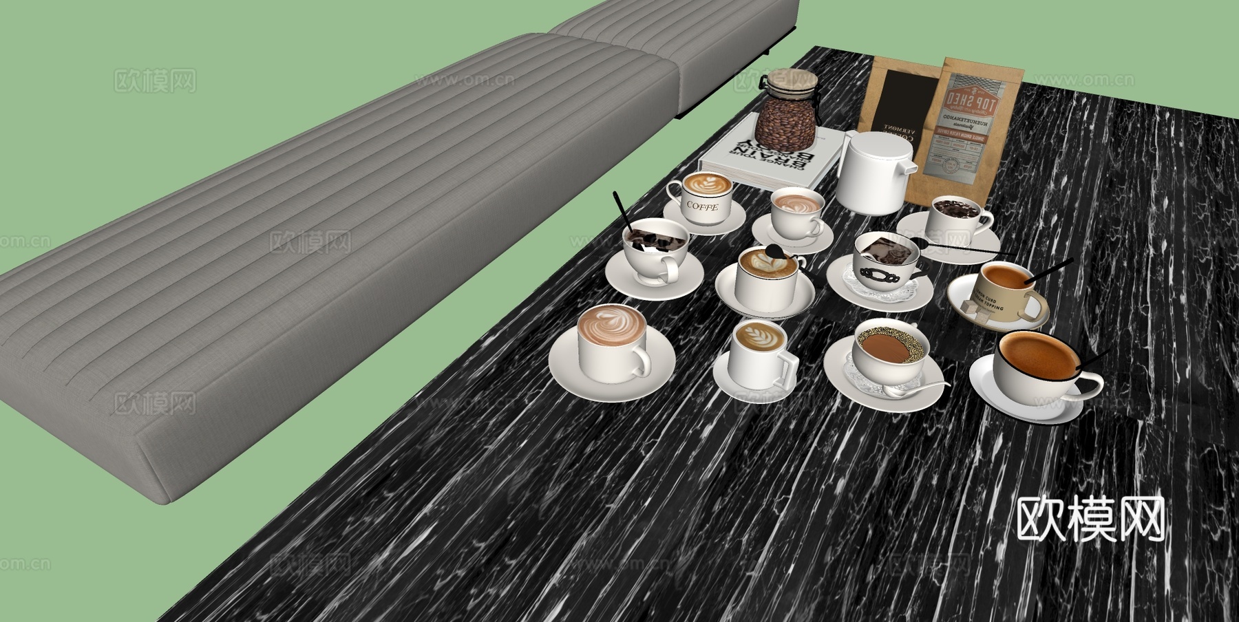 咖啡饮品 咖啡角摆件 拿铁拉花咖啡 书籍与咖啡豆su模型