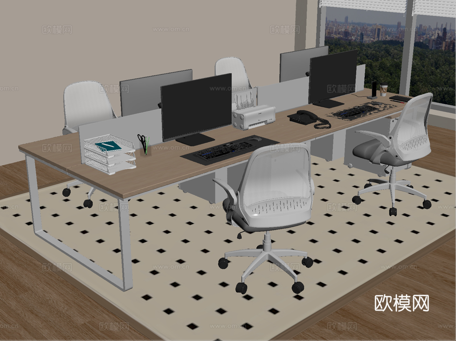 现代办公桌椅 职员工位 电脑 公共办公区su模型