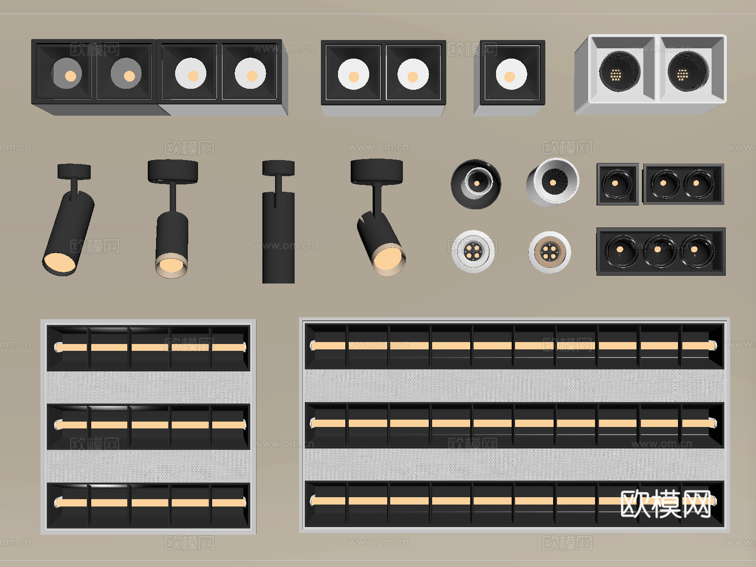 现代筒灯射灯 明装筒灯射灯 转向式 格栅灯su模型