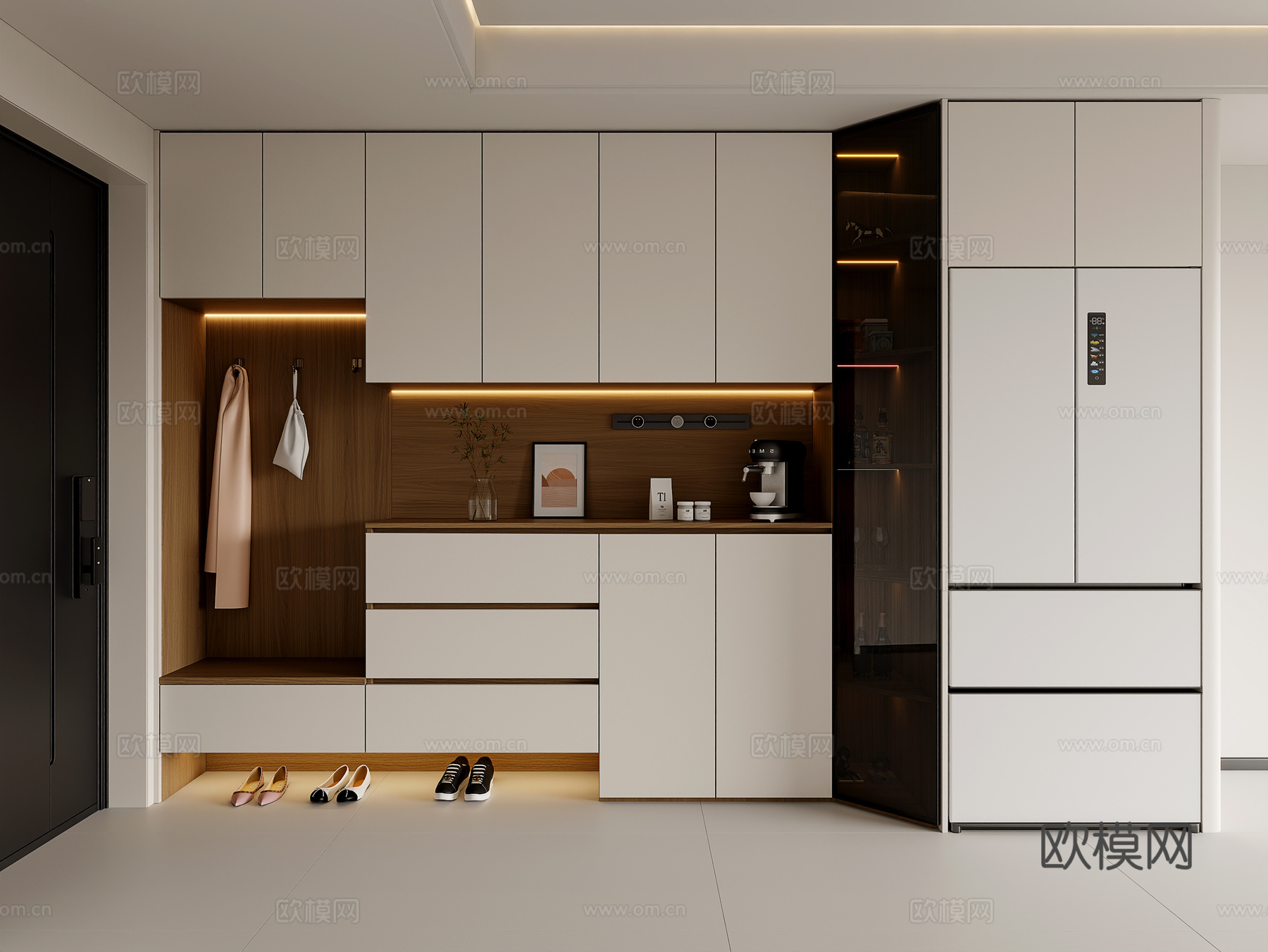 现代餐边柜 鞋柜餐边柜冰箱柜一体  入户鞋柜  餐边柜冰箱柜su模型