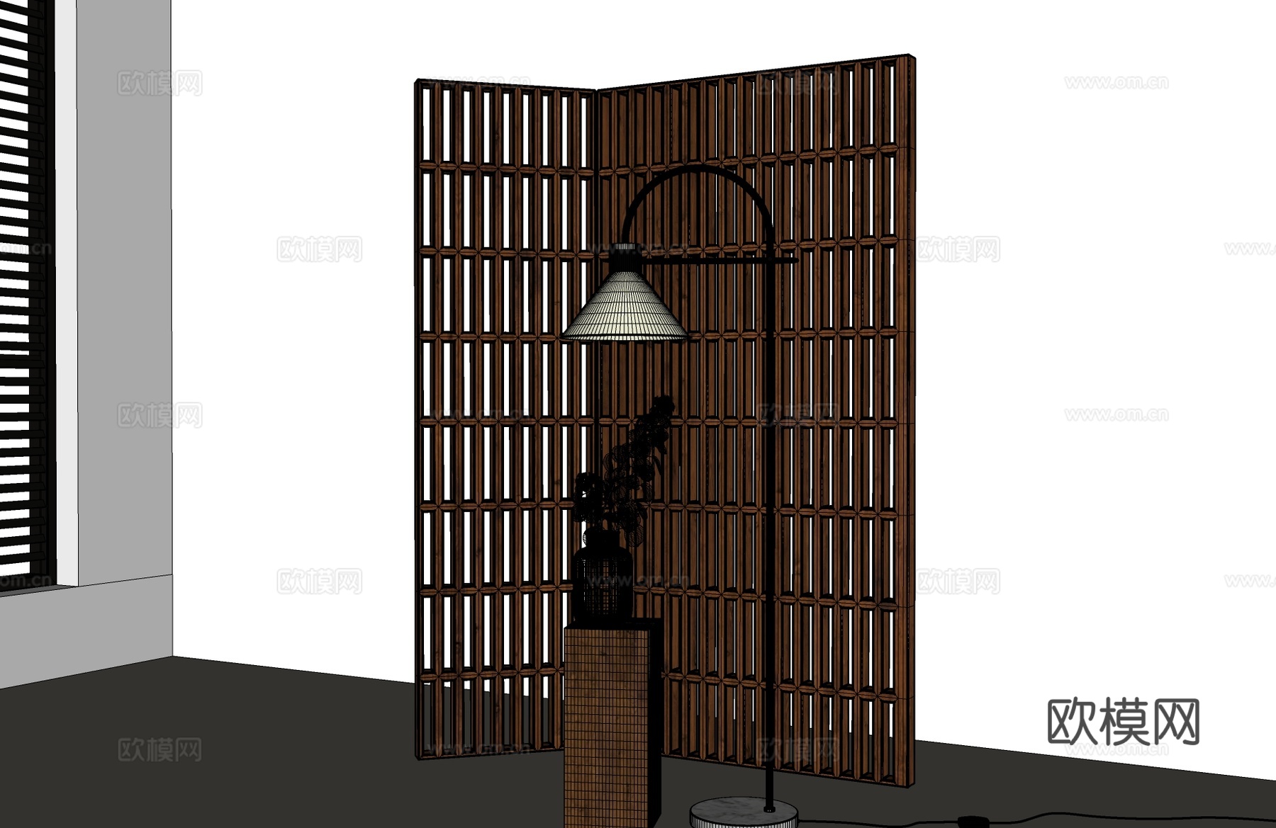 现代屏风 现代中古屏风 木制屏风 落地灯su模型