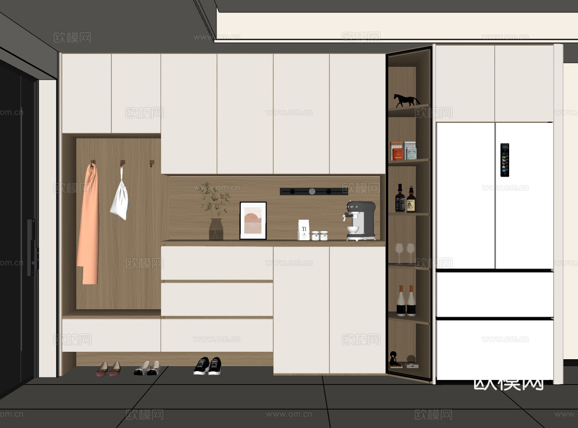 现代餐边柜 鞋柜餐边柜冰箱柜一体  入户鞋柜  餐边柜冰箱柜su模型