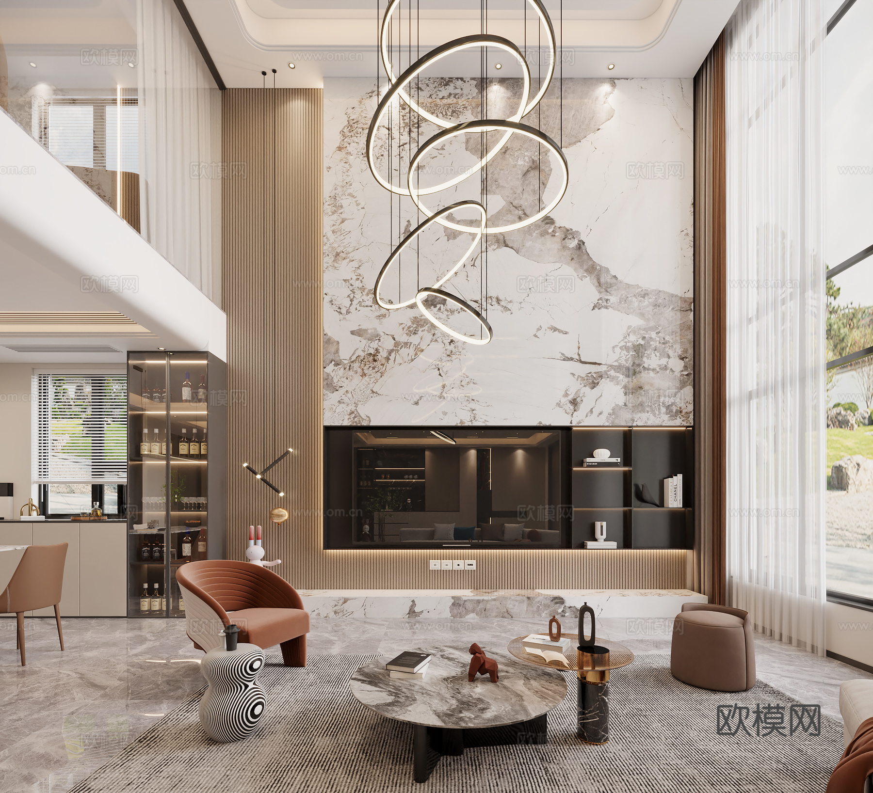 现代复式客厅 别墅客厅3d模型下载（渲染图1）