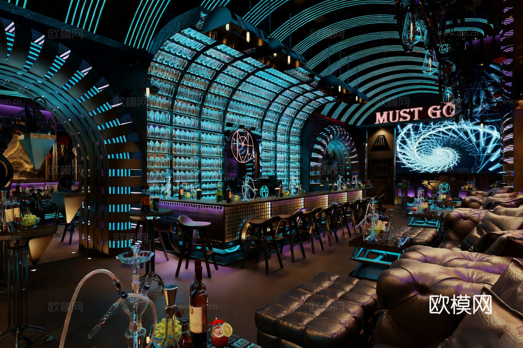 赛博朋克酒吧 夜店 霓虹灯吧台 工业风酒吧全案su模型