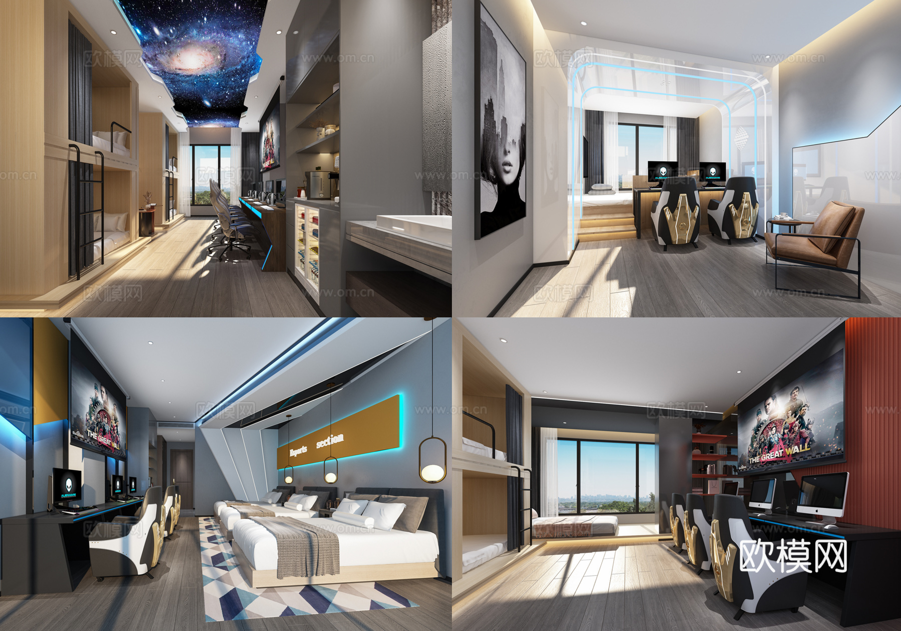 电竞酒店客房效果图+施工图cad施工图