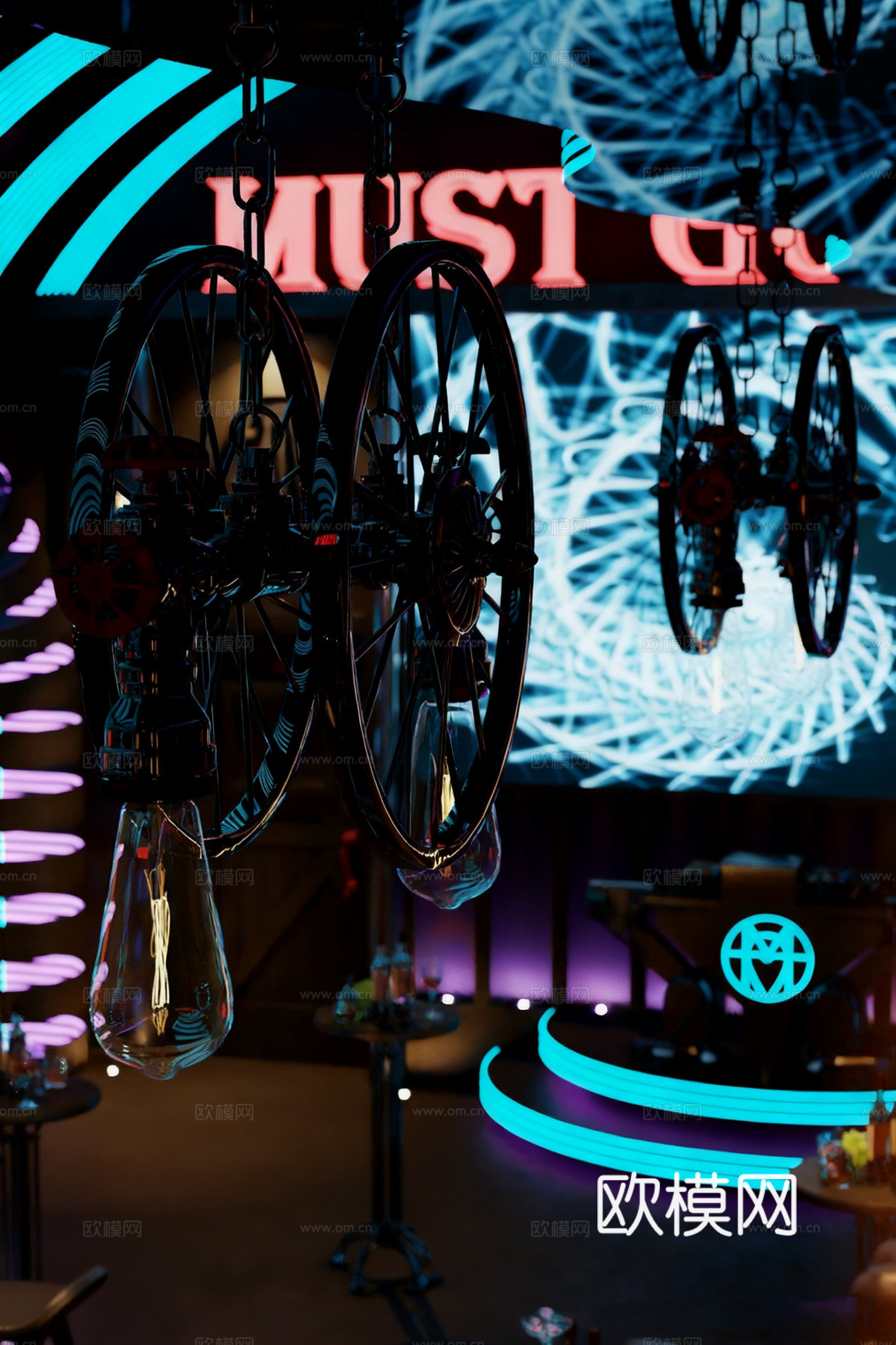 赛博朋克酒吧 夜店 霓虹灯吧台 工业风酒吧全案su模型