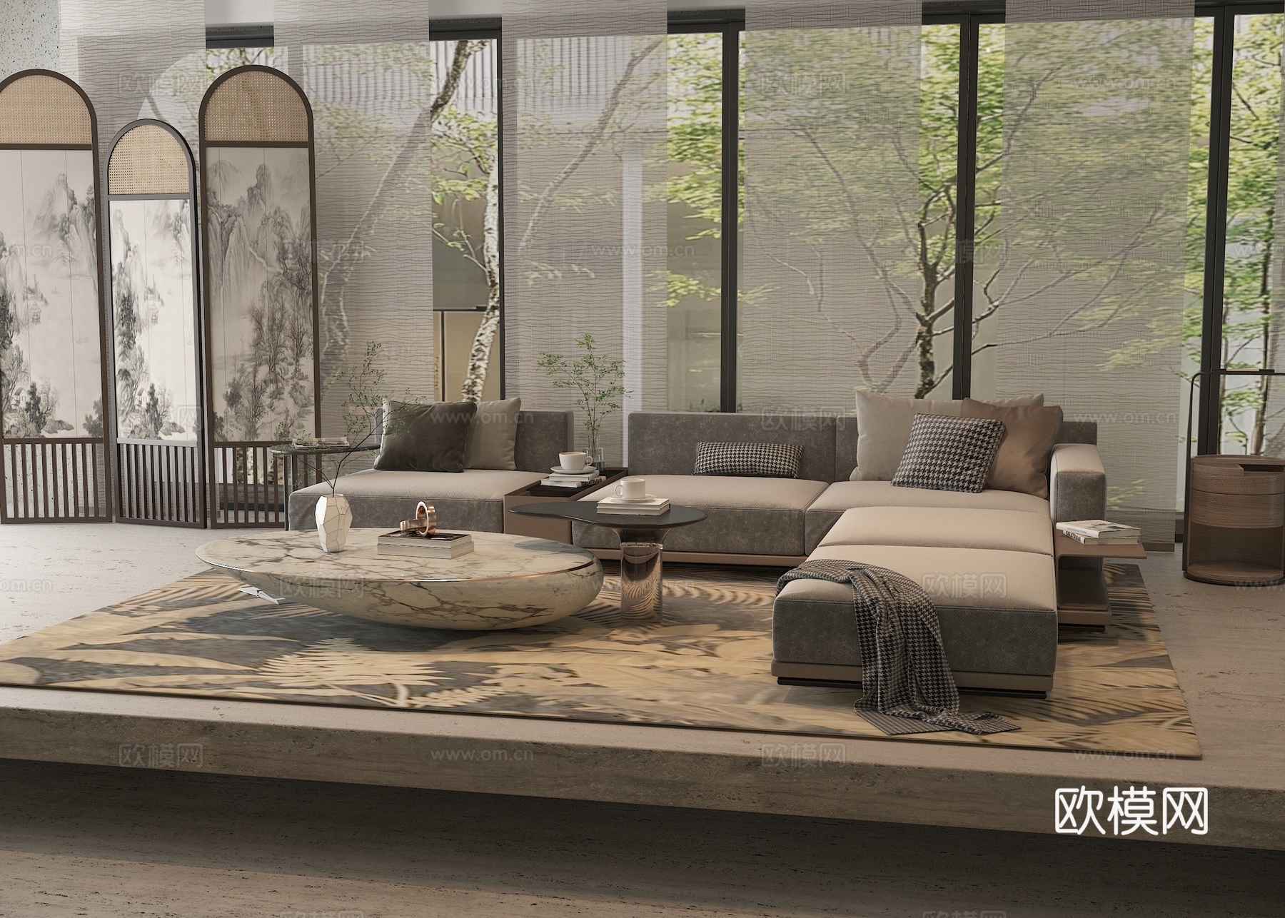 新中式客厅su模型