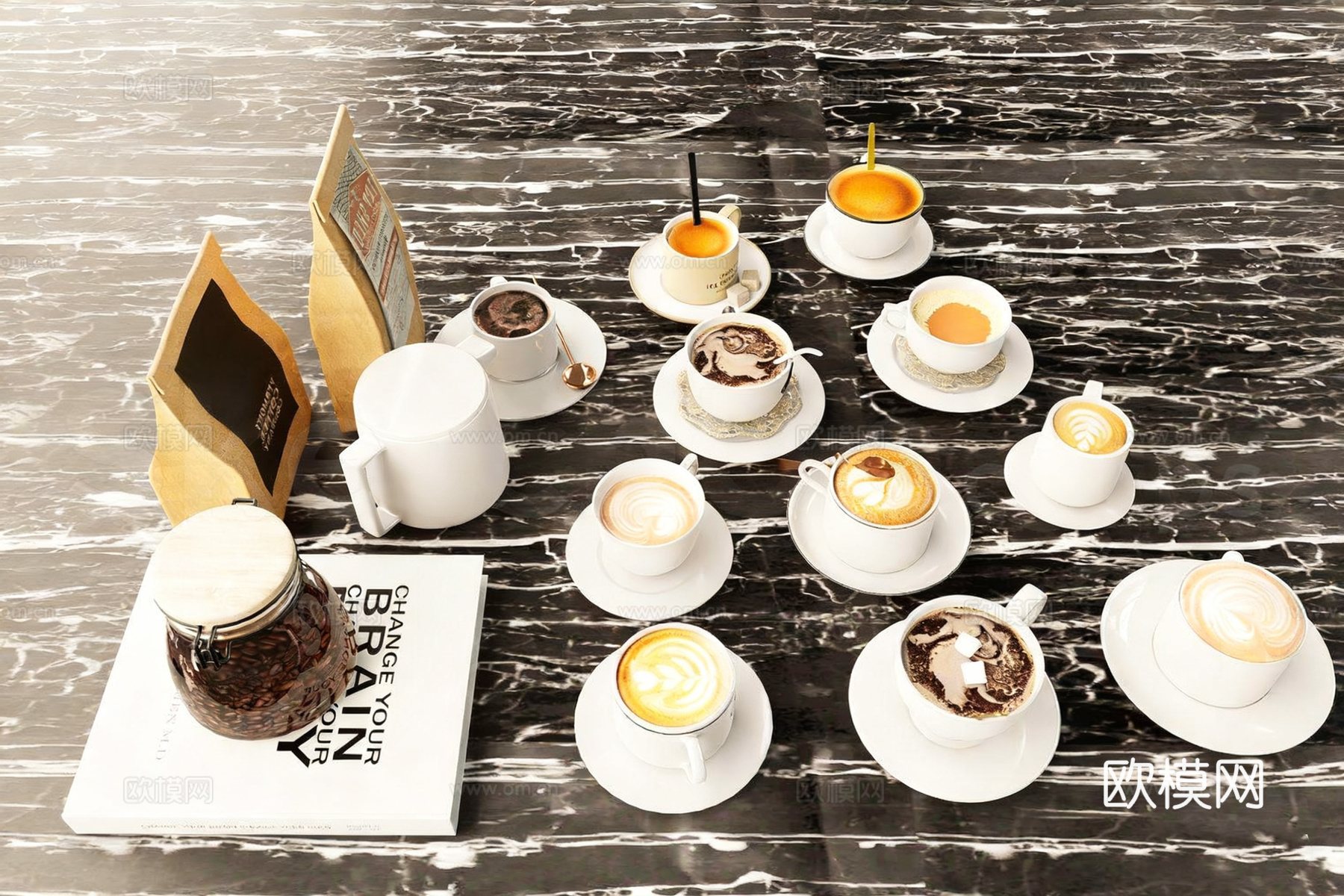 咖啡饮品 咖啡角摆件 拿铁拉花咖啡 书籍与咖啡豆su模型