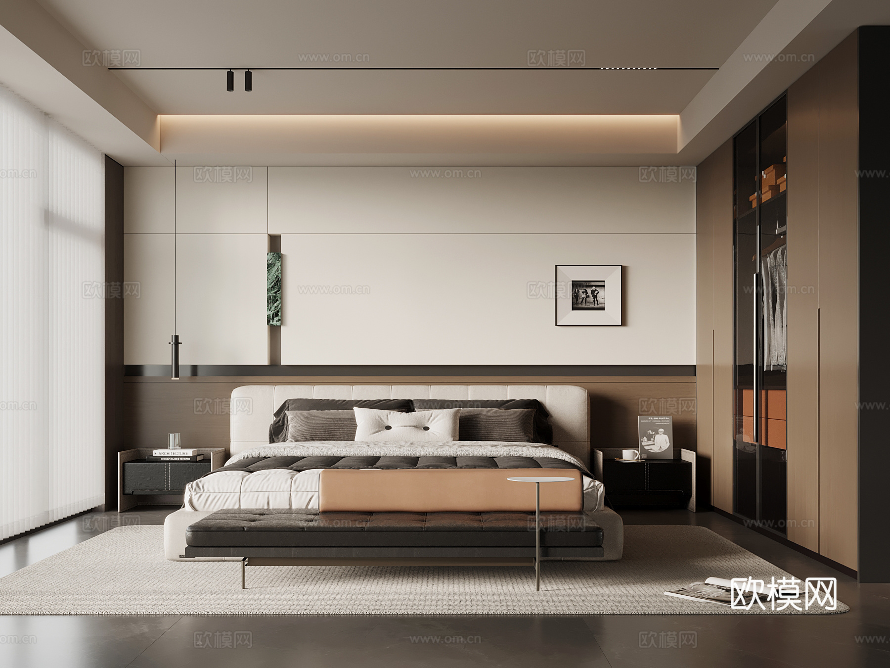 现代意式卧室 衣柜 双人床su模型