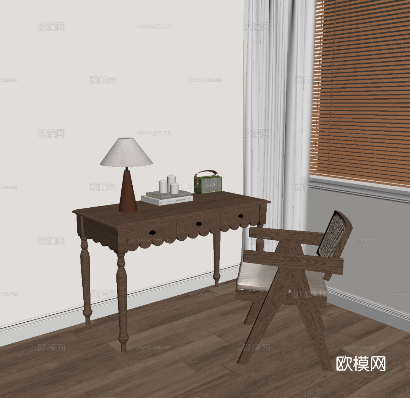 中古风书桌椅 学习桌椅su模型