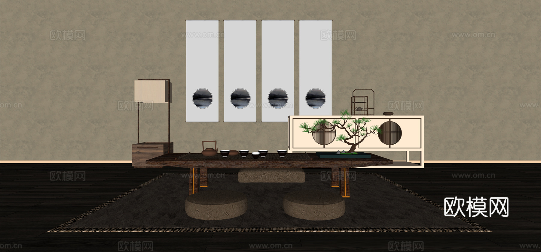 新中式茶室、茶桌su模型