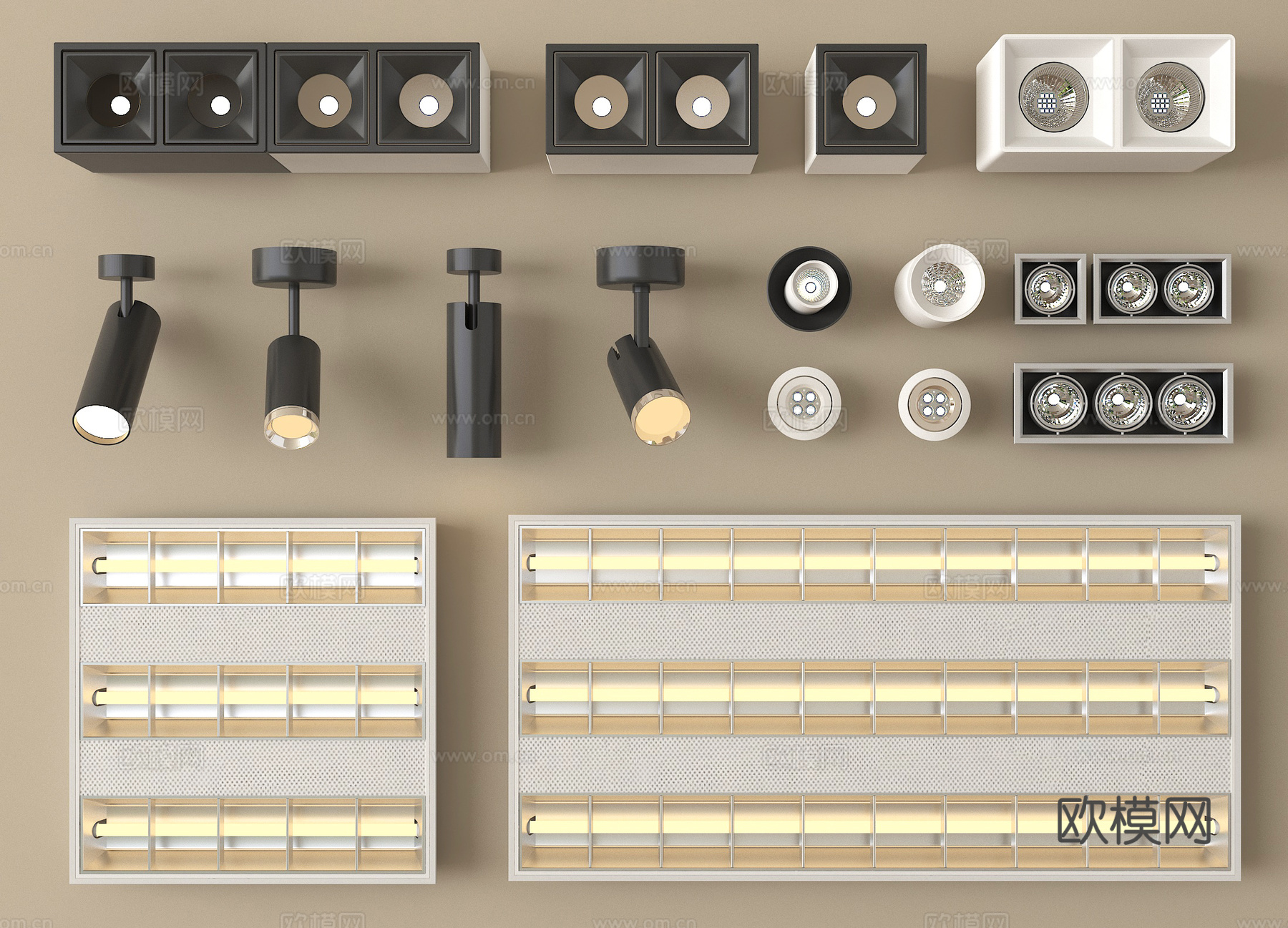 现代筒灯射灯 明装筒灯射灯 转向式 格栅灯su模型