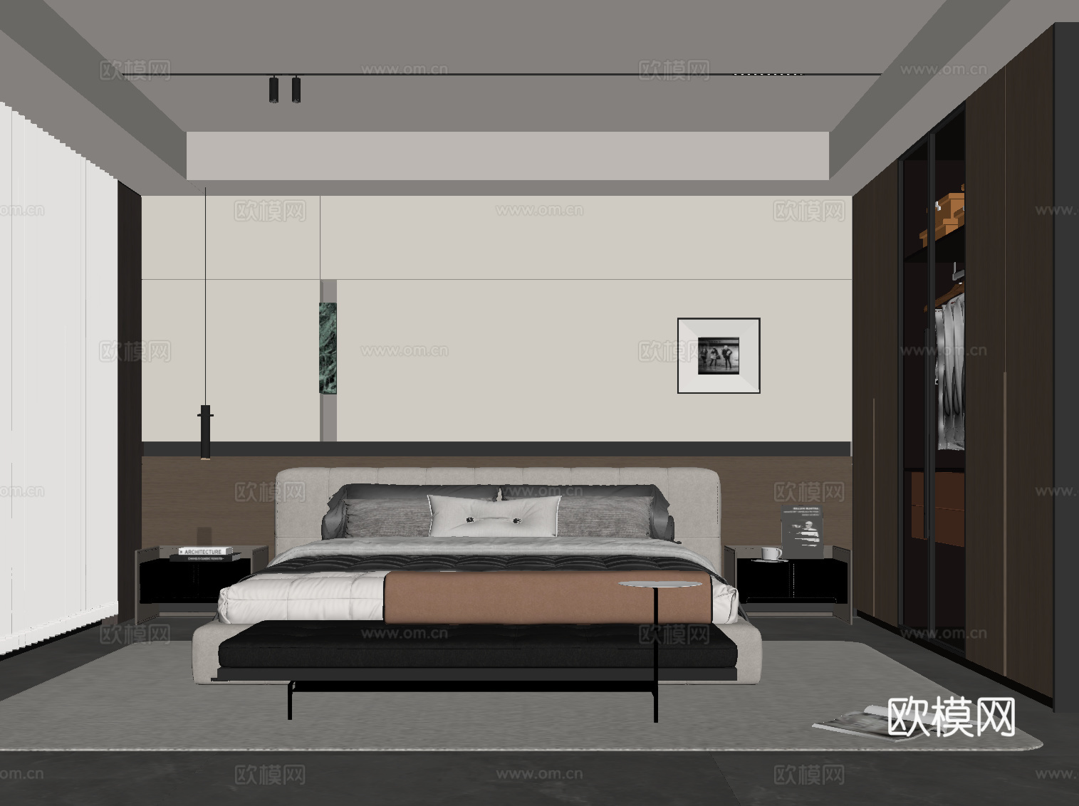 现代意式卧室 衣柜 双人床su模型