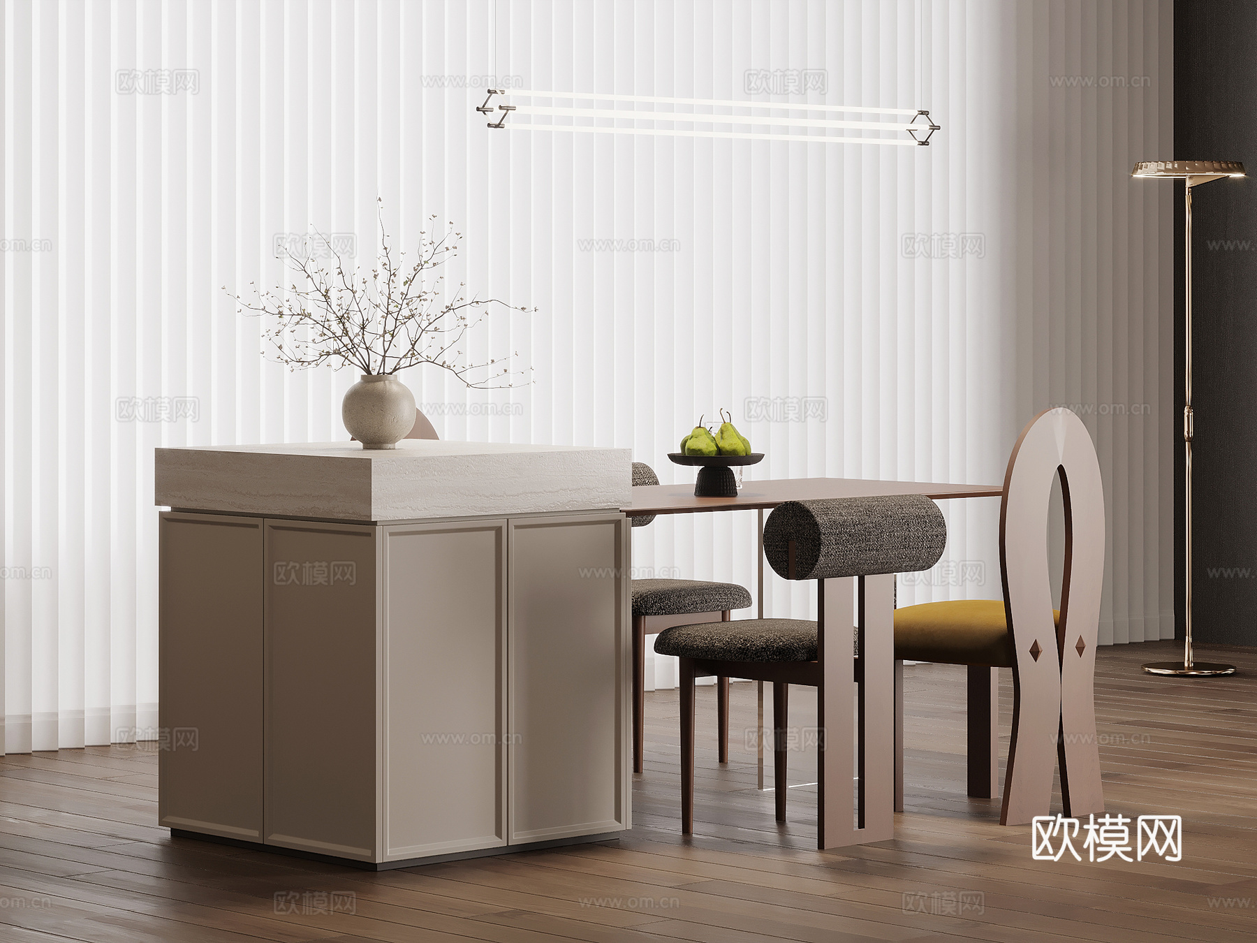 中古风岛台 餐桌椅su模型