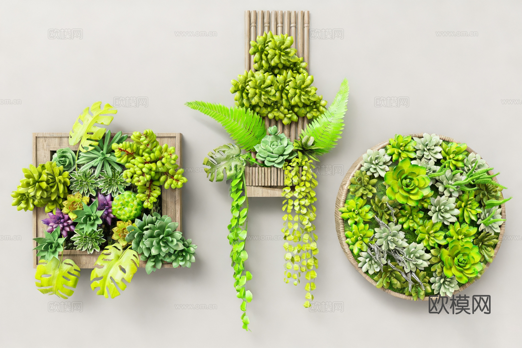 多肉植物墙 垂直绿化墙 室内绿植墙 多肉组合盆栽 竹编壁挂花su模型su模型