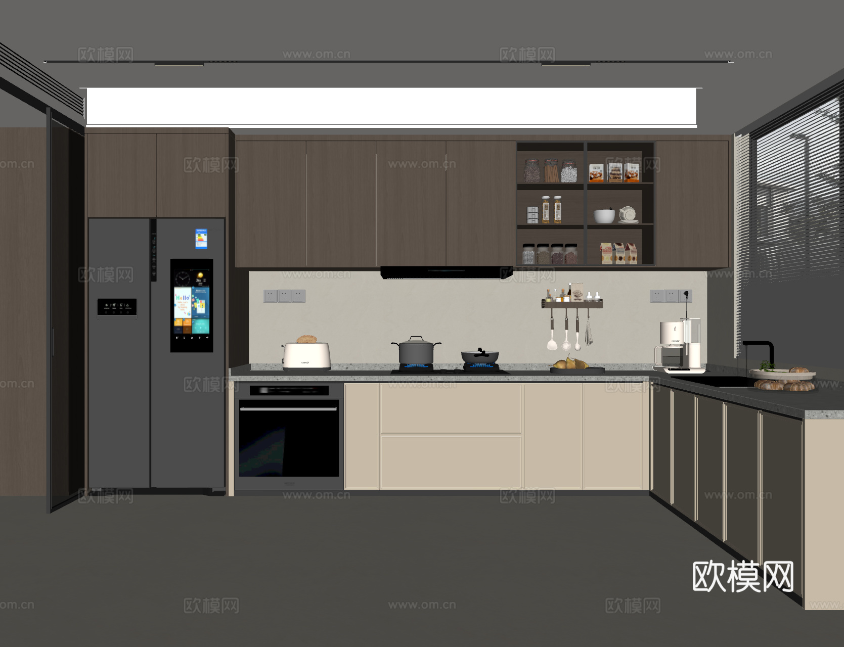 中古风厨房 橱柜组合 吊柜 水槽 冰箱 灶台 油烟机su模型