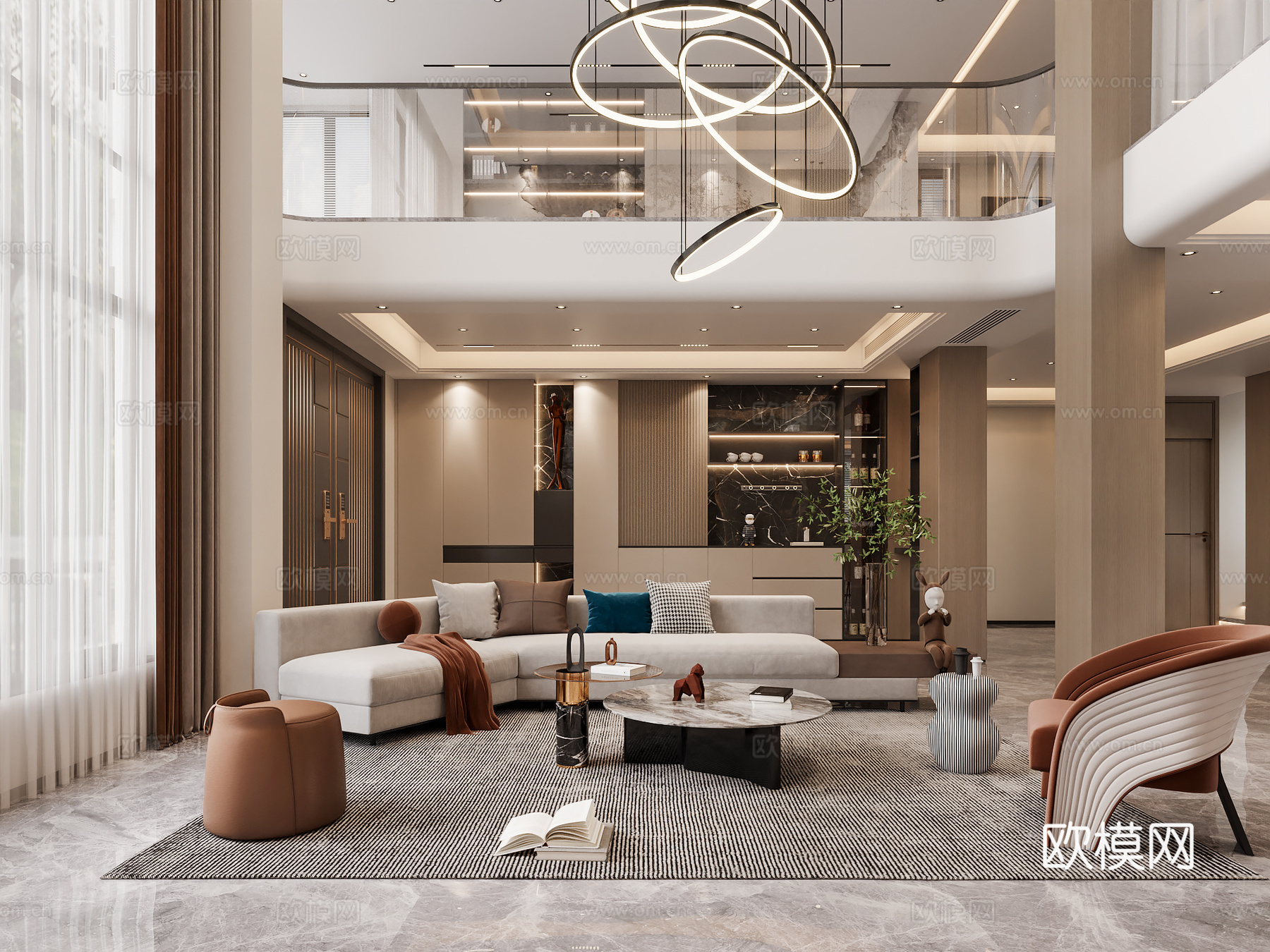 现代复式客厅 别墅客厅3d模型下载（渲染图2）