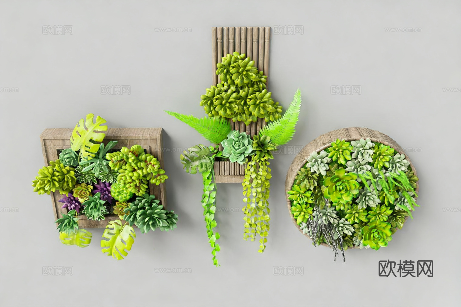 多肉植物墙 垂直绿化墙 室内绿植墙 多肉组合盆栽 竹编壁挂花su模型su模型