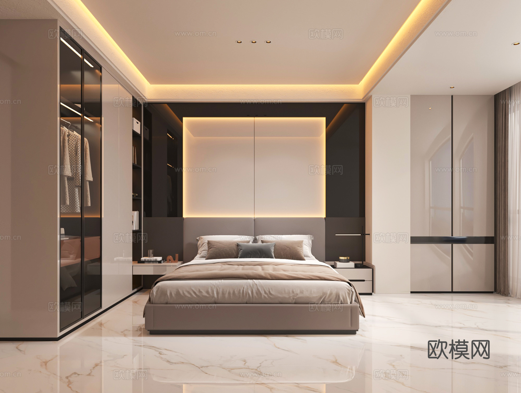 现代卧室主人房小孩房衣柜床组合3d模型下载