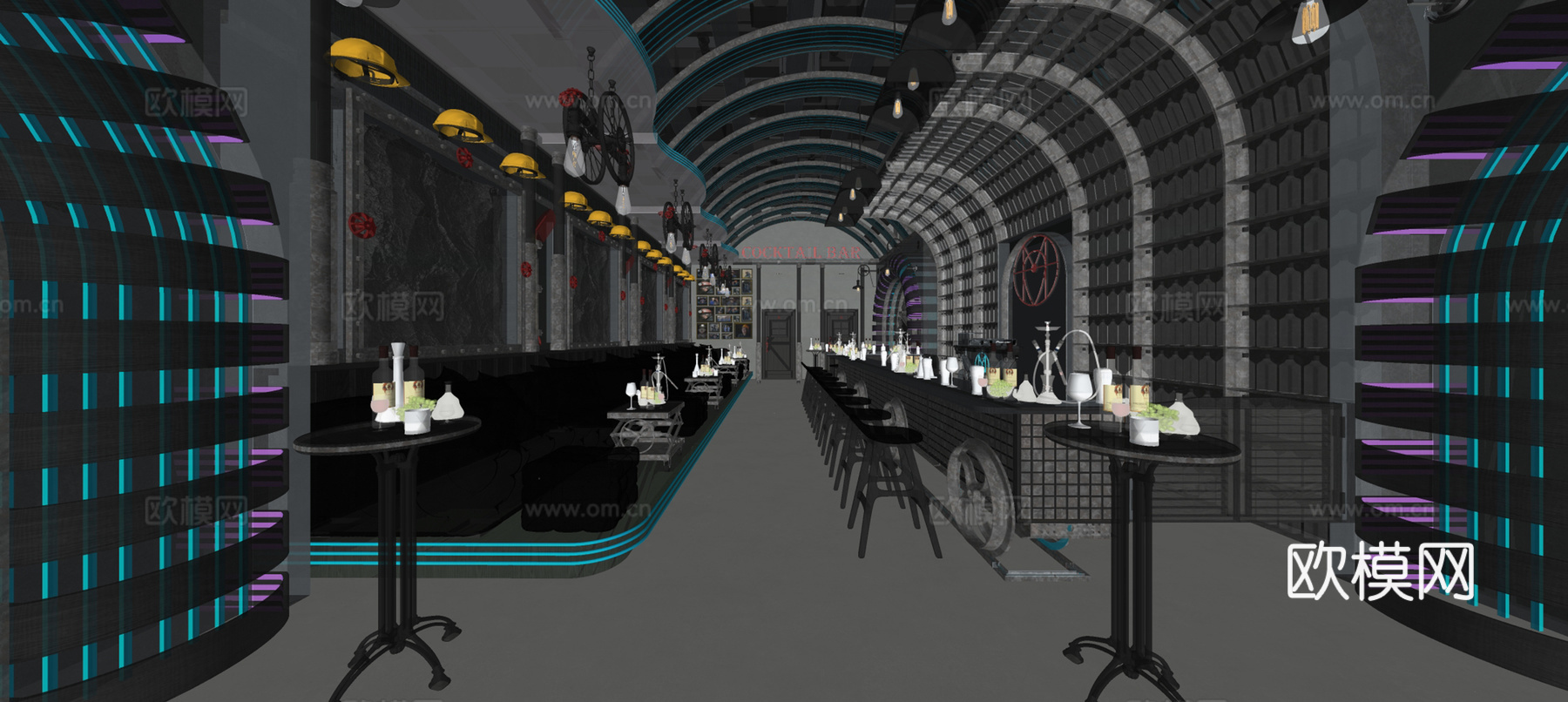 赛博朋克酒吧 夜店 霓虹灯吧台 工业风酒吧全案su模型