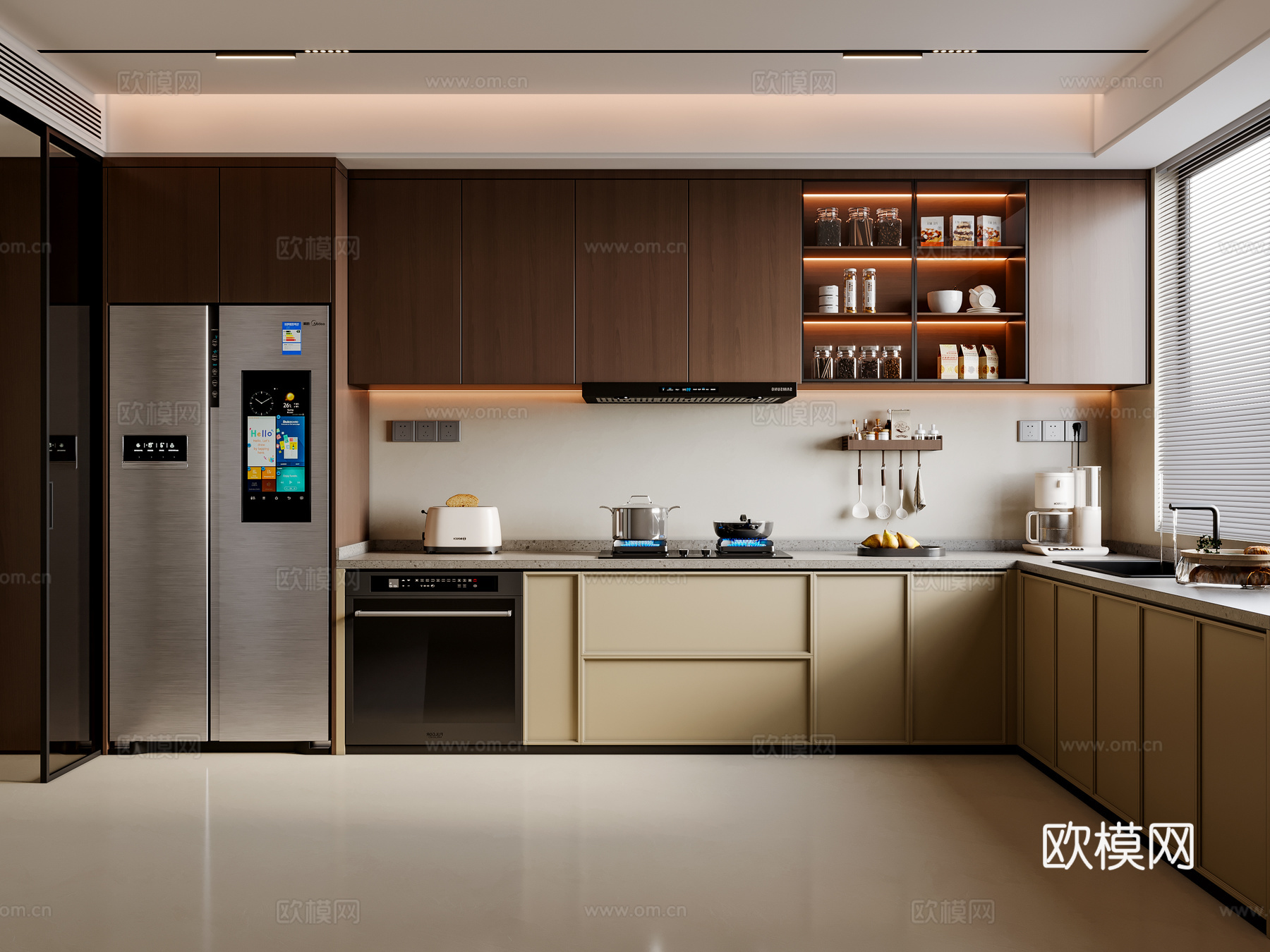 中古风厨房 橱柜组合 吊柜 水槽 冰箱 灶台 油烟机su模型