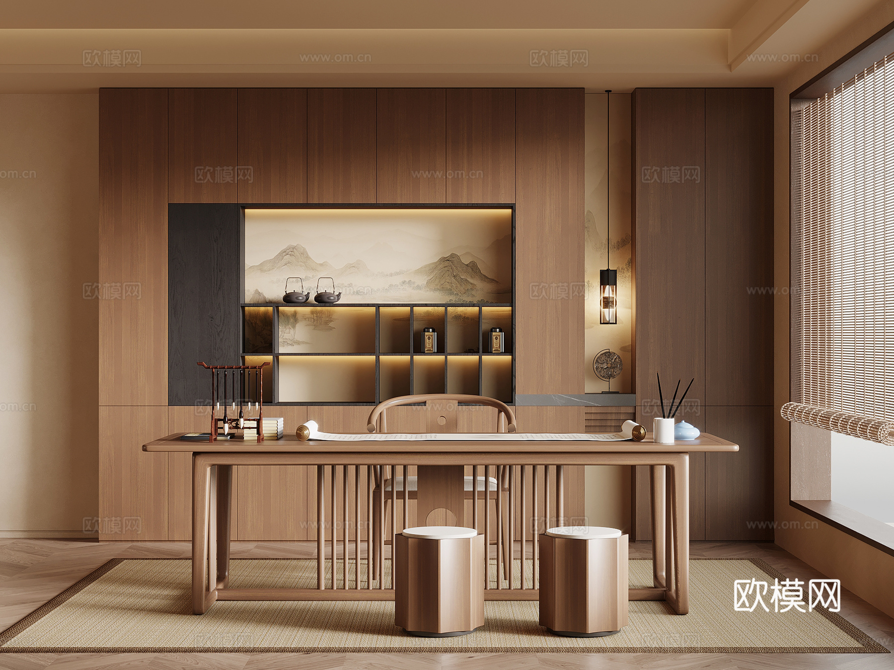 新中式书房 书柜 书桌椅免费3d模型下载