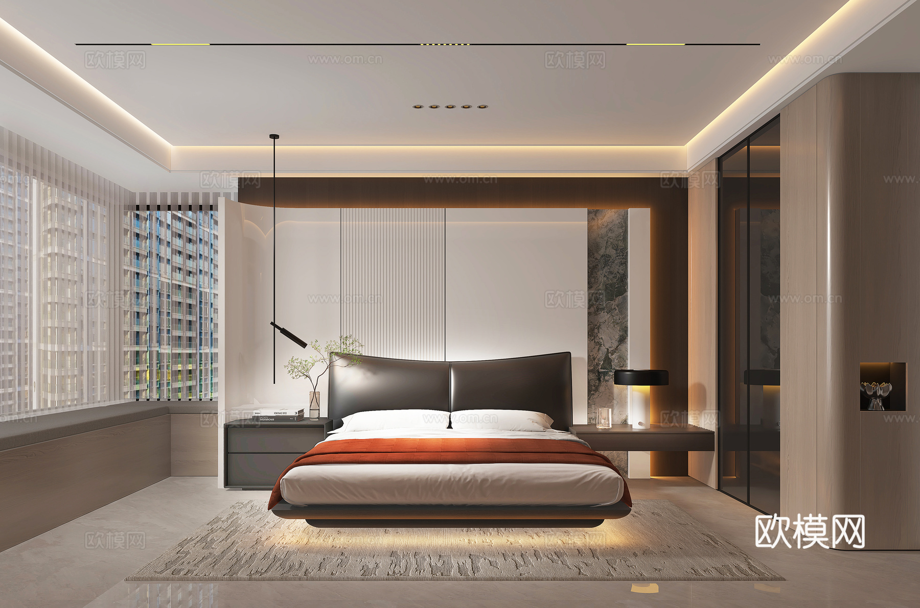 现代轻奢卧室主人房主卧飘窗卧室无主灯卧室3d模型3d模型下载