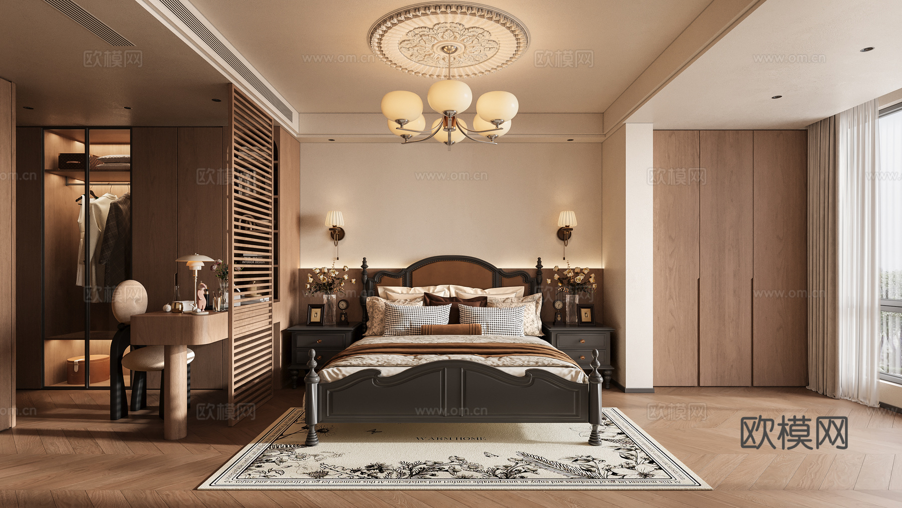 现代中古风主卧 开放式衣帽间 化妆桌3d模型下载