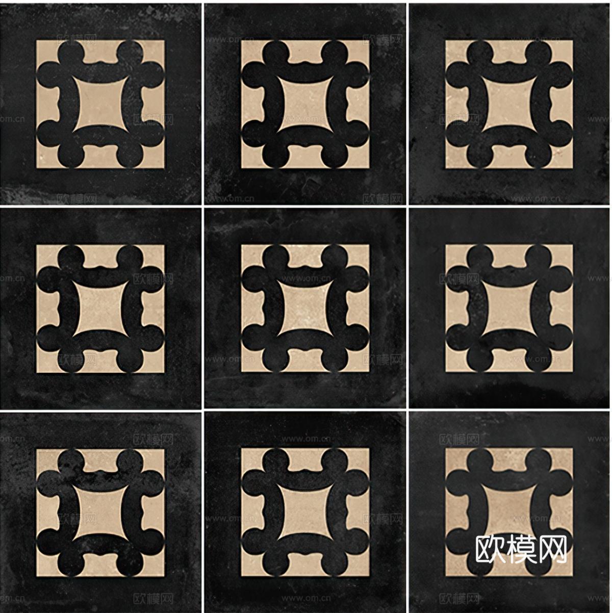 中古风黑色花砖哑光法式复古地砖