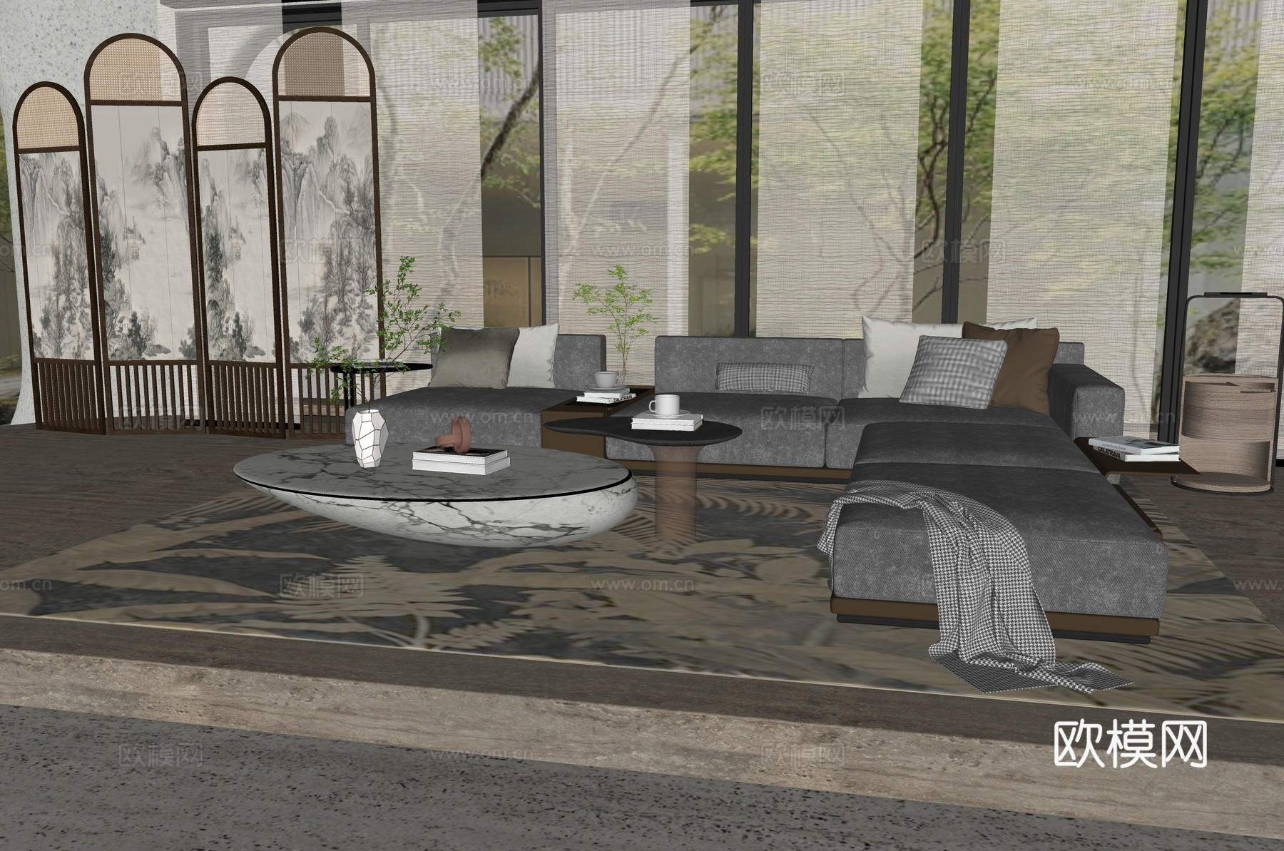 新中式客厅su模型