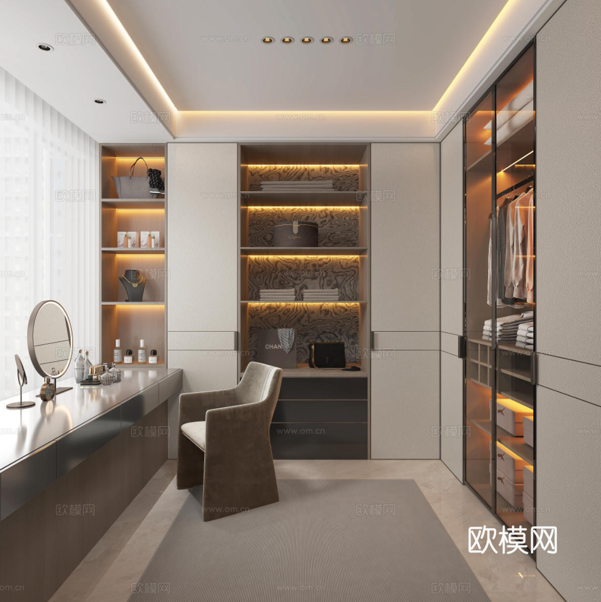 现代轻奢衣帽间主卧衣帽间衣柜组合飘窗衣帽间3d模型下载