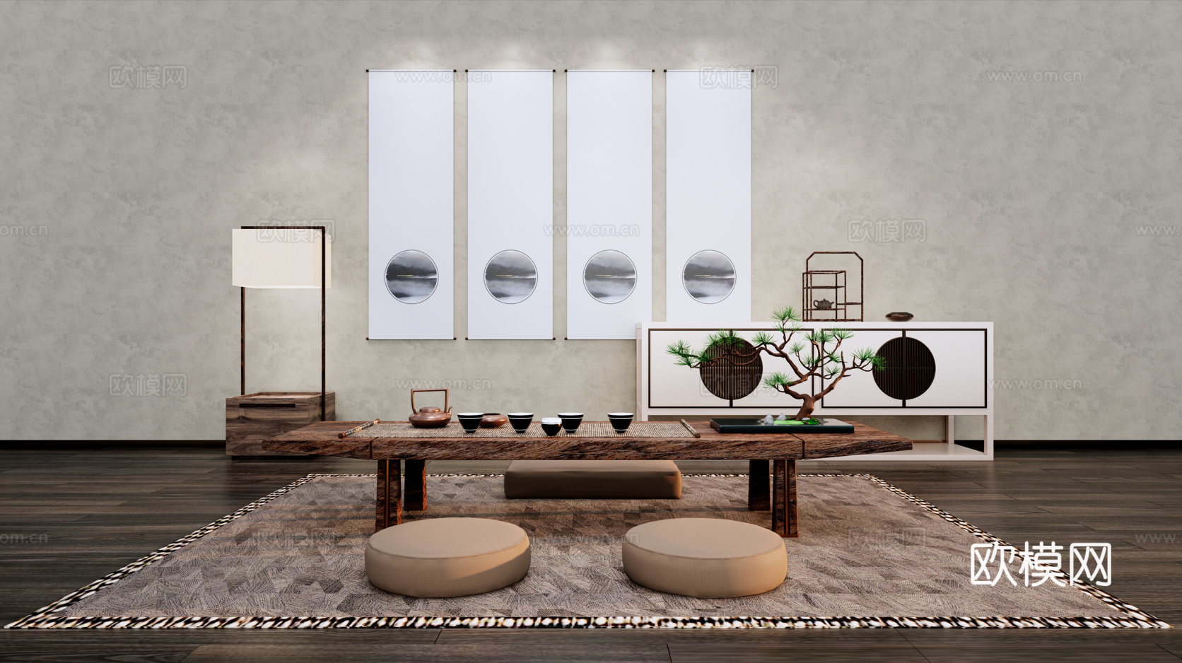 新中式茶室、茶桌su模型