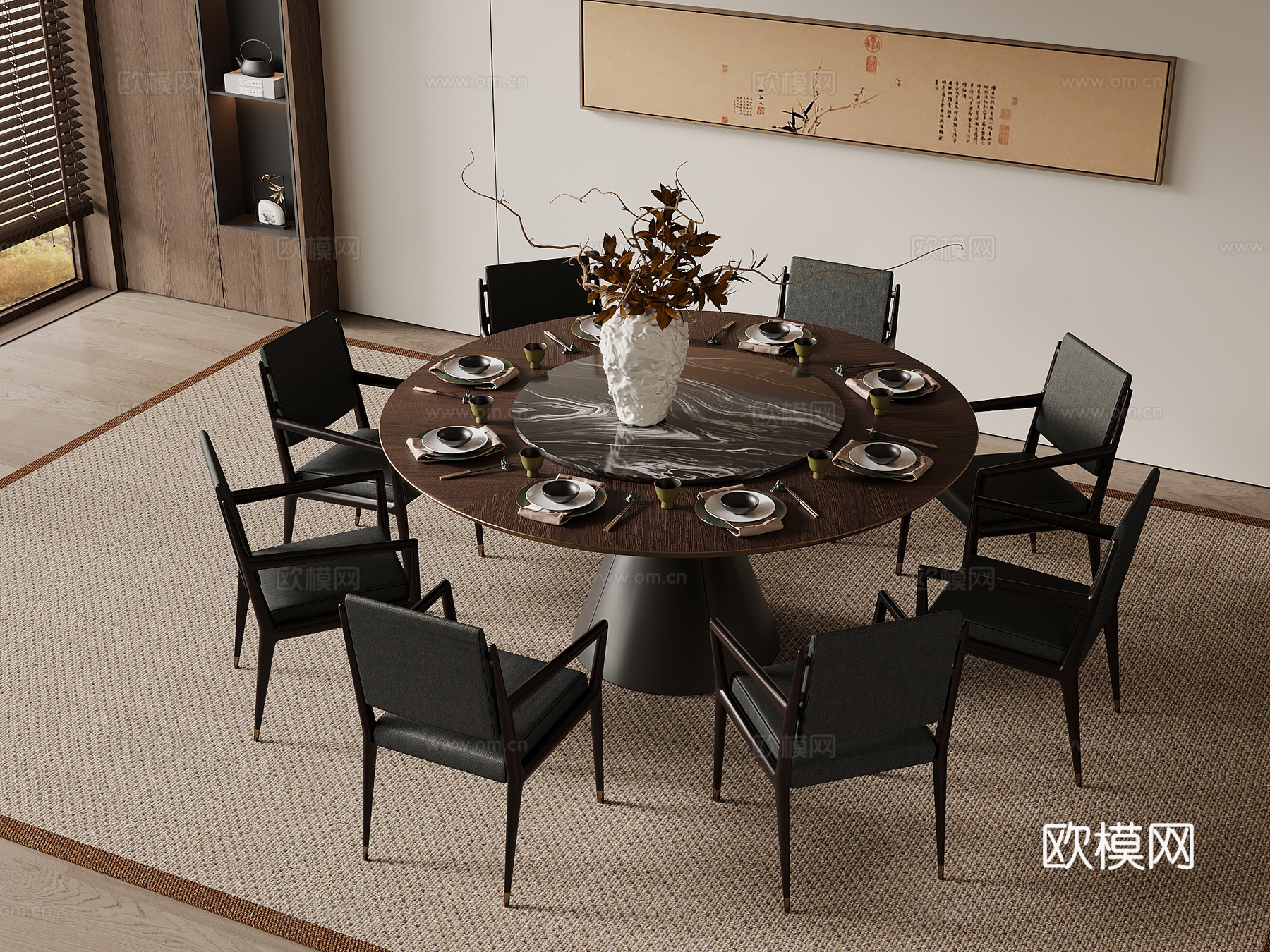 新中式餐桌椅 圆形餐桌椅 实木餐桌椅su模型