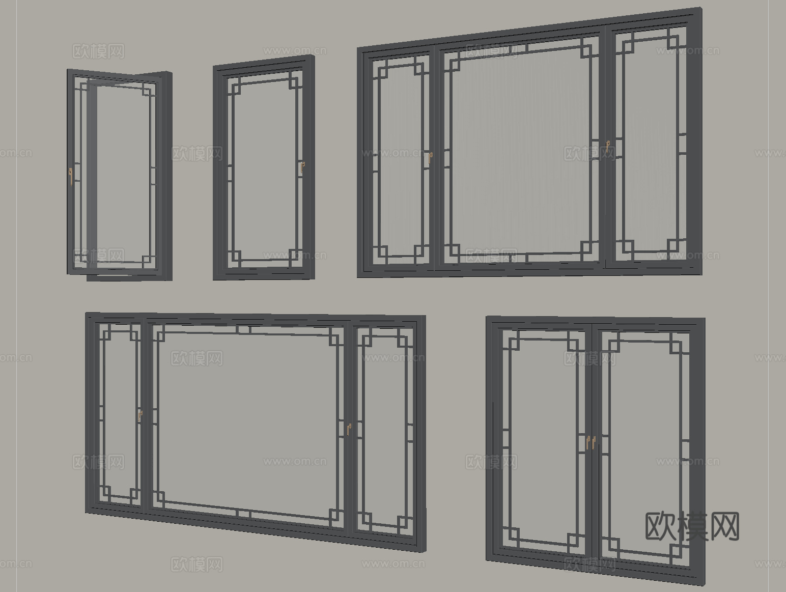 中式窗户 平开窗 落地窗 阳台窗su模型