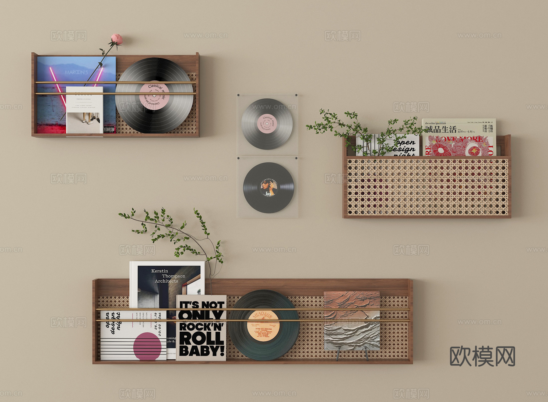 现代置物架 墙饰 黑胶唱片摆件su模型