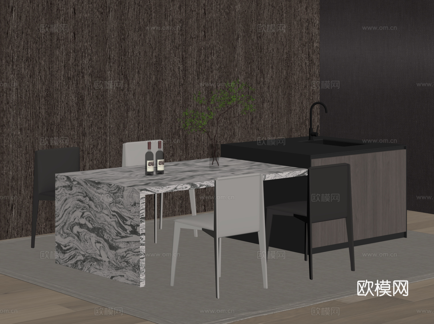 现代岛台 餐桌椅su模型
