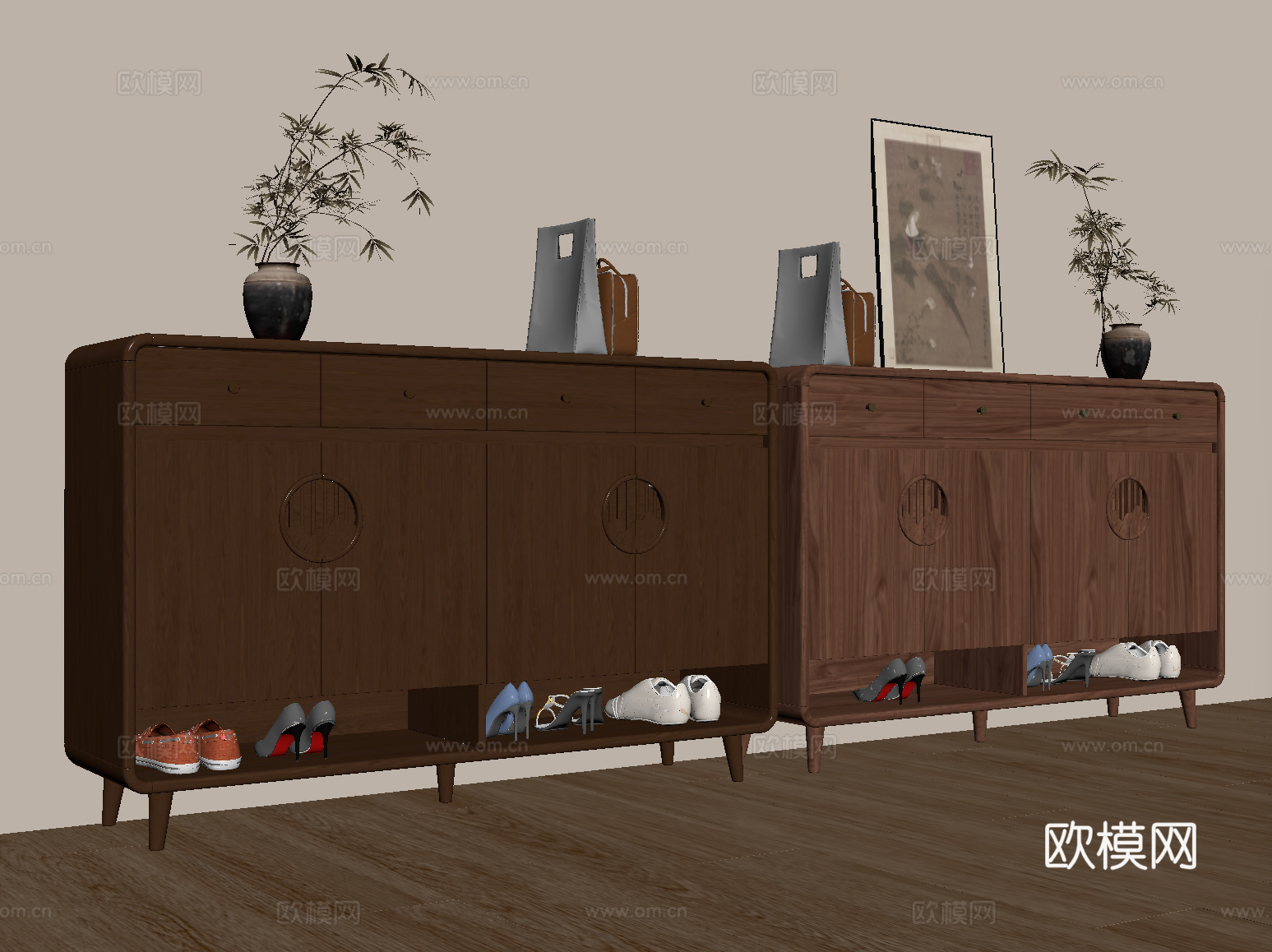 新中式玄关鞋柜 矮柜 木材 摆件su模型