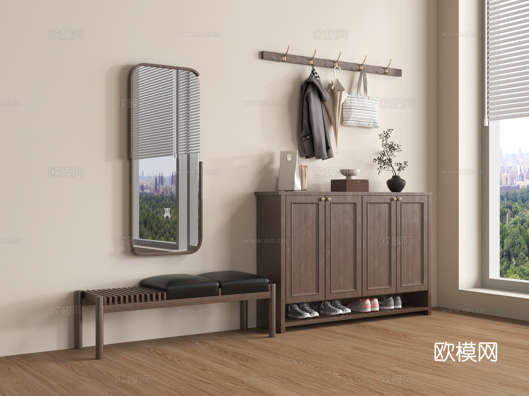 新中式玄关鞋柜 矮柜 木材 换鞋凳 摆件su模型
