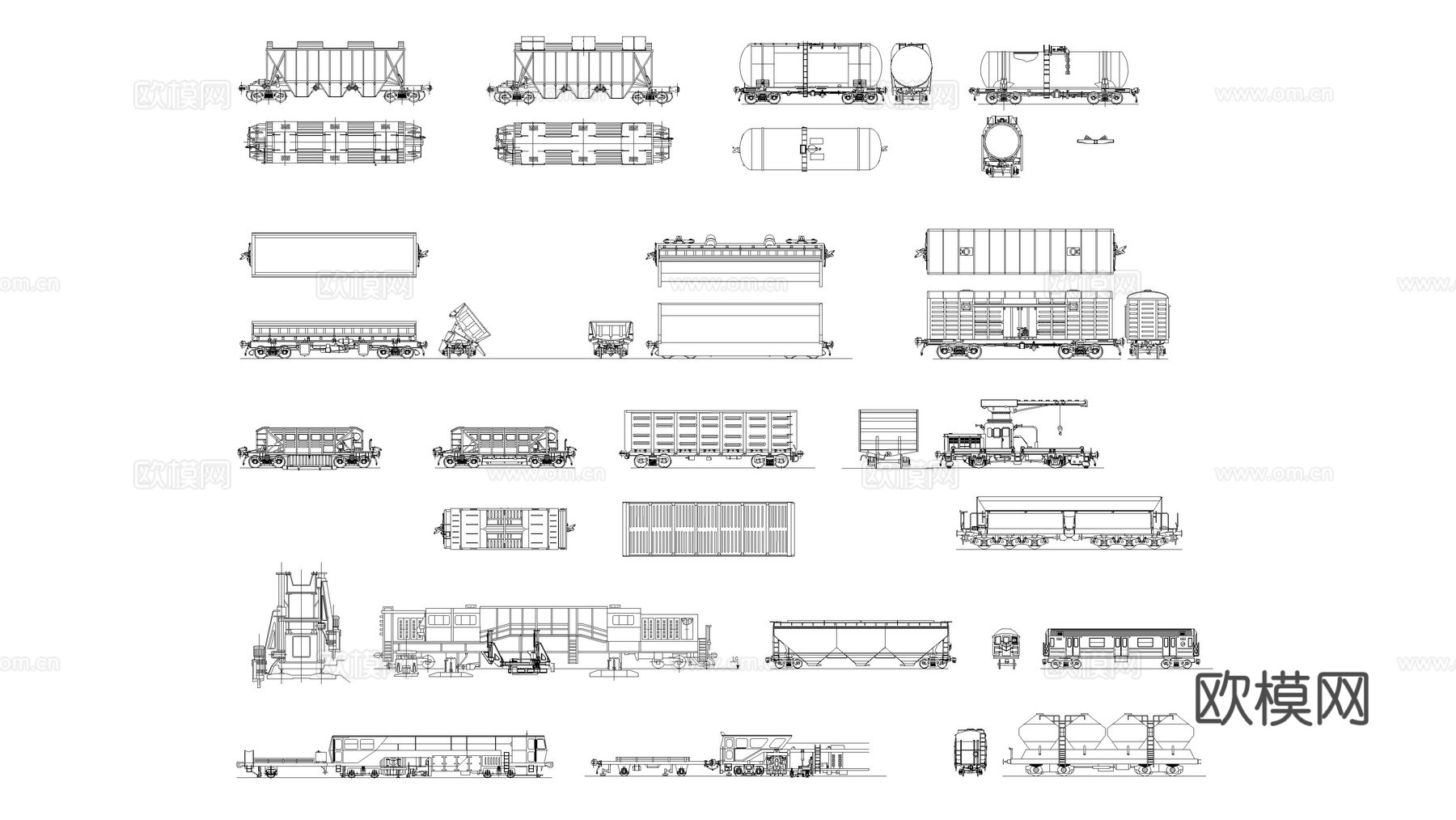 铁路车辆图块 火车 货车 工程车 油罐车cad施工图