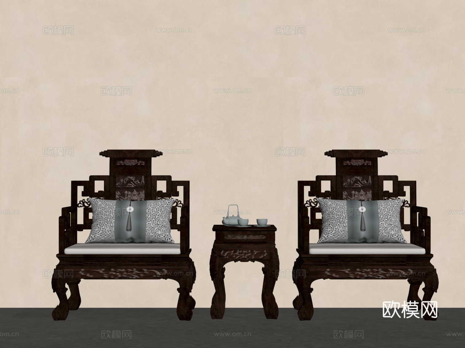 新中式单人沙发 实木沙发 边几su模型