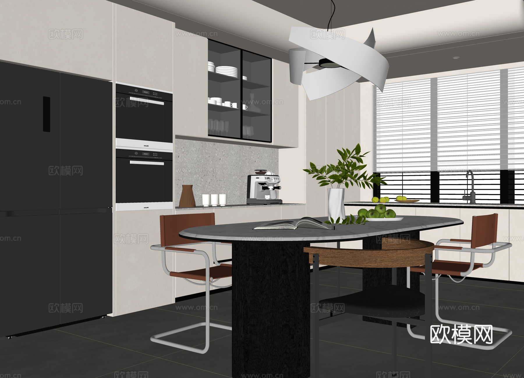 现代餐厅 餐桌椅 酒柜 餐边柜su模型