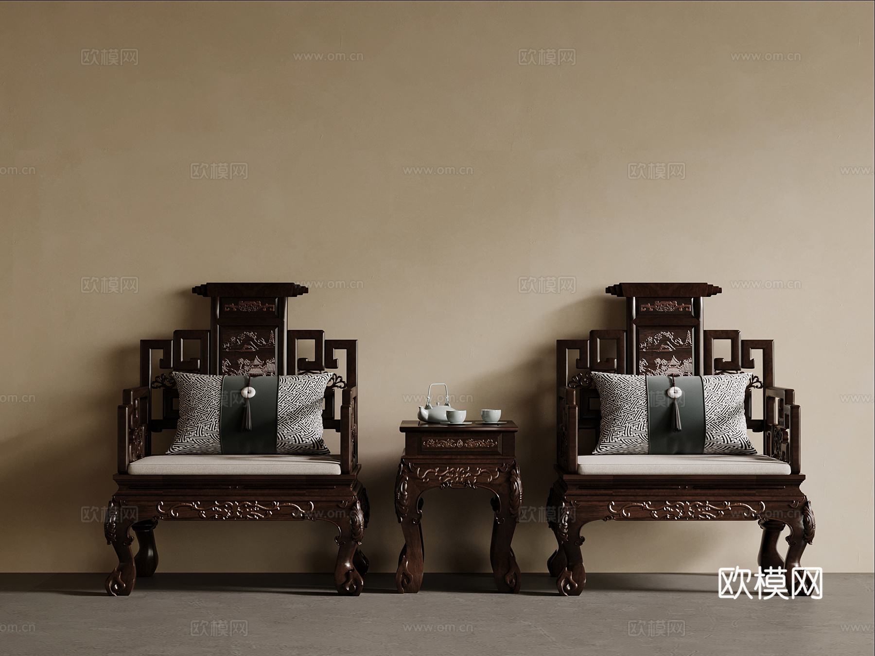 新中式单人沙发 实木沙发 边几su模型