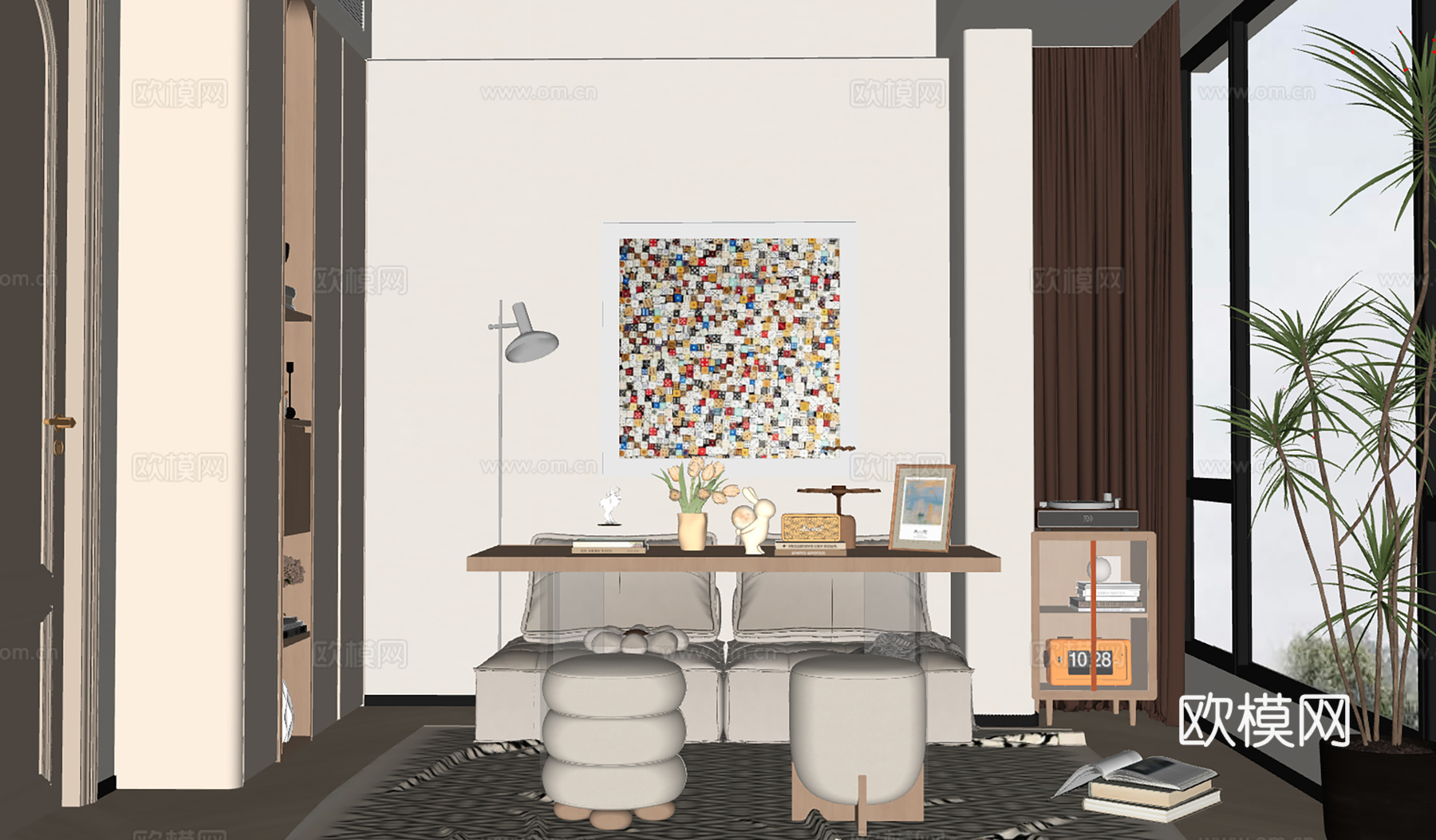 现代奶油风书房su模型