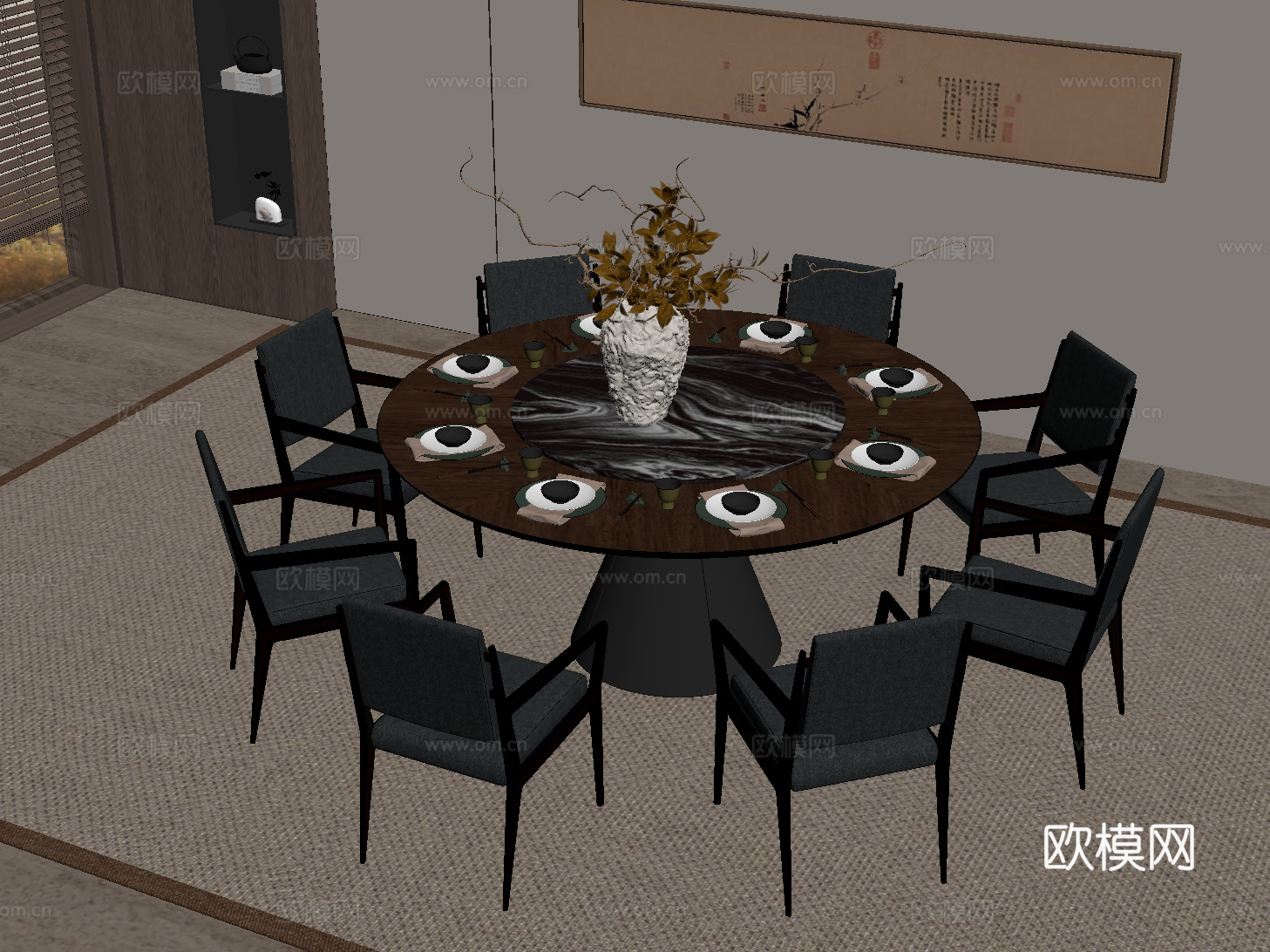 新中式餐桌椅 圆形餐桌椅 实木餐桌椅su模型