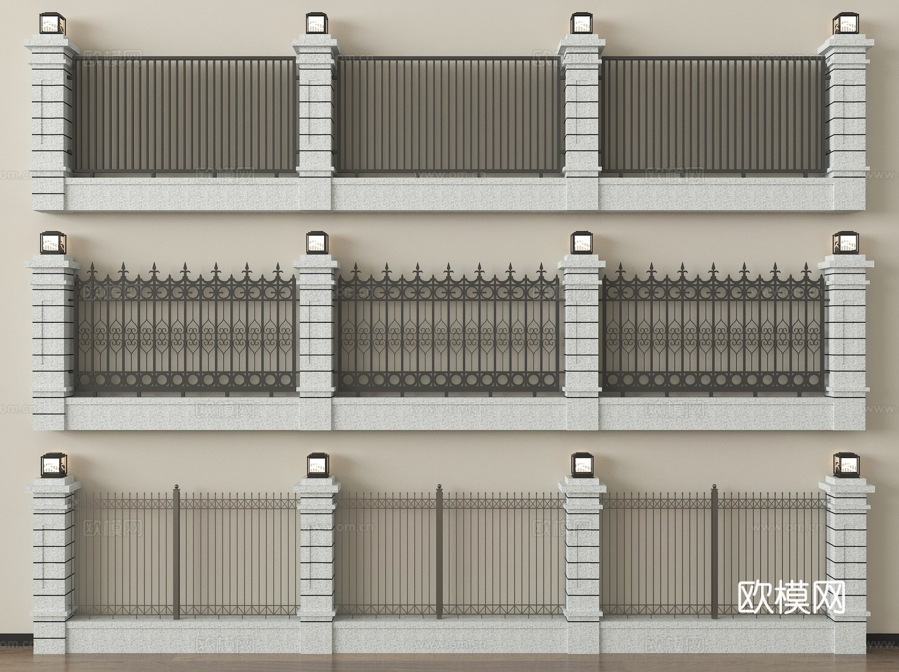 现代围墙 围墙护栏 铁艺 小区围墙su模型